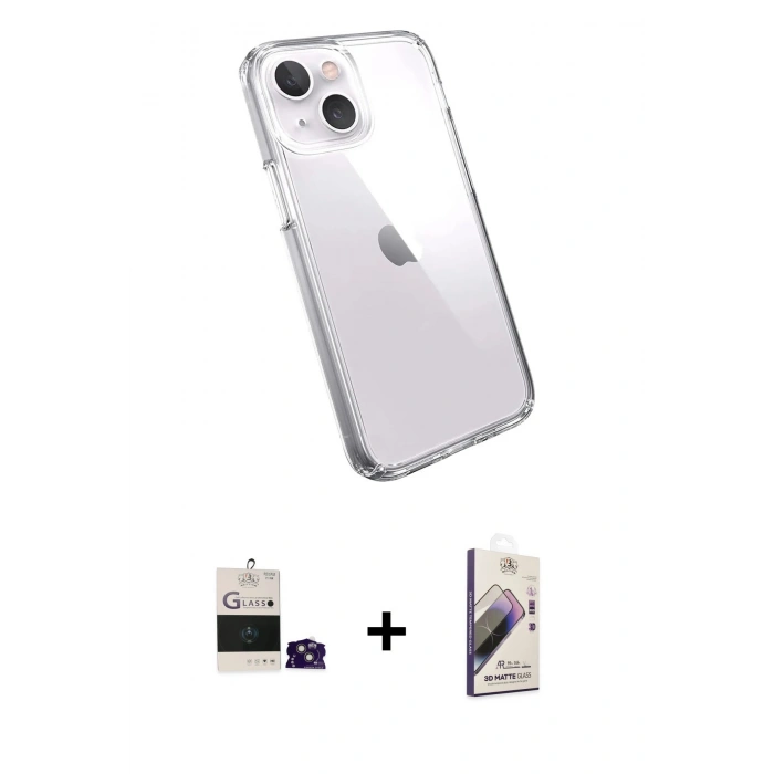 MARSİLYAN™- iPhone 15 Kılıf Zirve Doku - Siyah Bilvis 3D Mat Cam Ekran Koruyucu + Bilvis Titan Kamera Lens - PE
