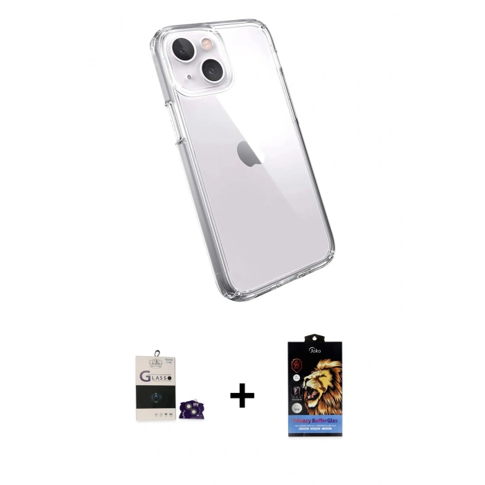 MARSİLYAN™- iPhone 15 Kılıf Zirve Doku - Siyah Buffer Hayalet Cam Ekran Koruyucu + Bilvis Titan Kamera Lens - PE