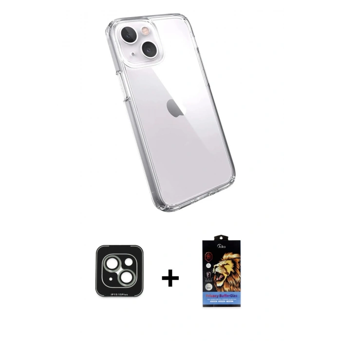 MARSİLYAN™- iPhone 15 Kılıf Zirve Doku - Siyah Buffer Hayalet Cam Ekran Koruyucu + PVD Metal Kamera Lens - YL