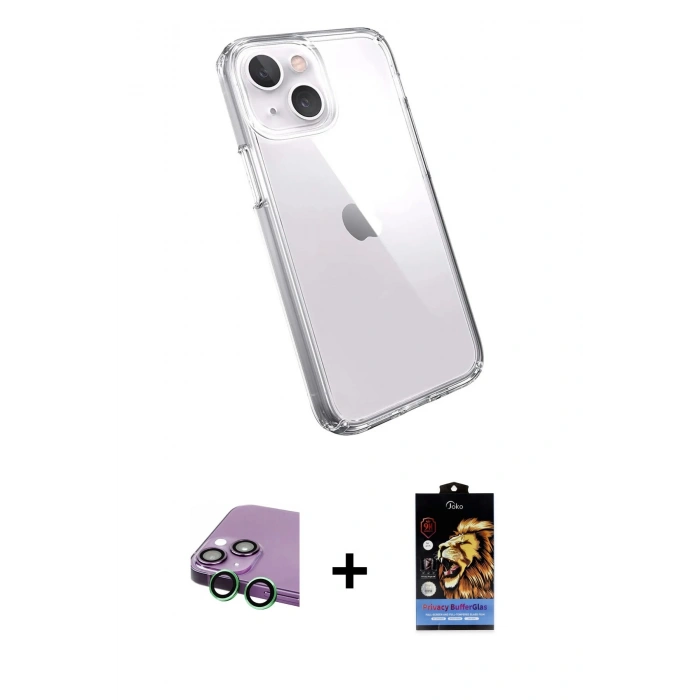 MARSİLYAN™- iPhone 15 Kılıf Zirve Doku - Siyah Buffer Hayalet Cam Ekran Koruyucu + Raze Metal Kamera Lens - YL