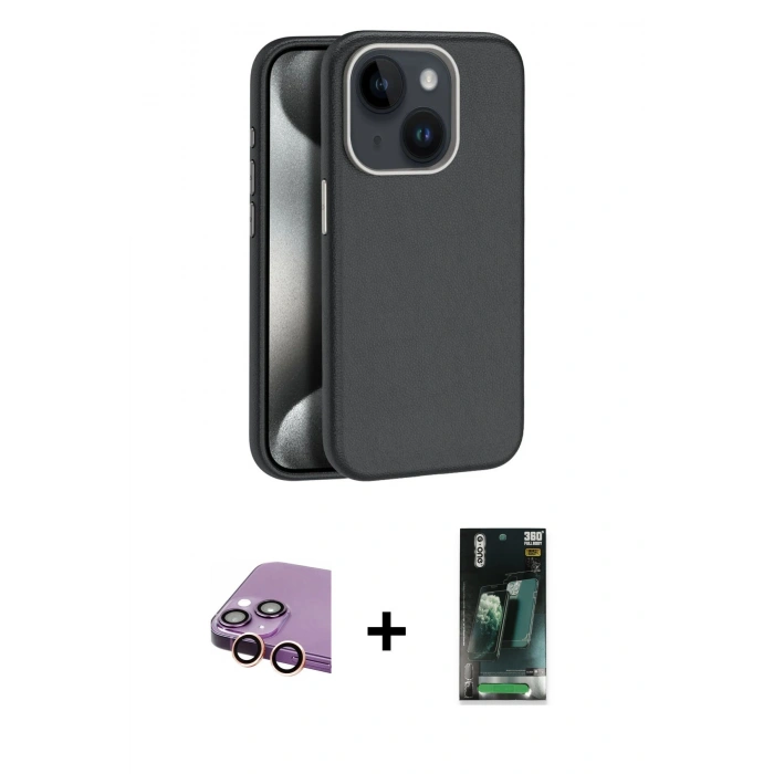 MARSİLYAN™- iPhone 15 Kılıf Zirve Modern Prime - Şeffaf 360 Full Body Arka Koruyucu + Raze Metal Kamera Lens - PE