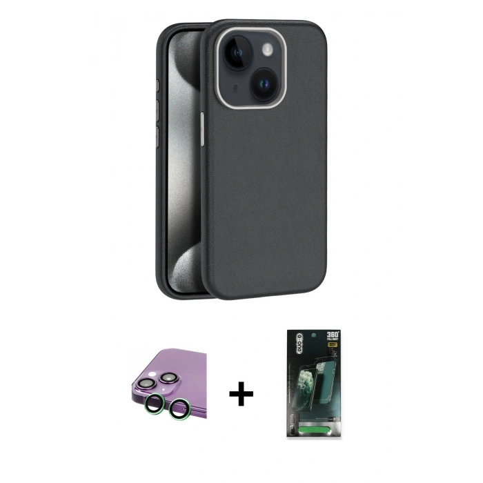 MARSİLYAN™- iPhone 15 Kılıf Zirve Modern Prime - Şeffaf 360 Full Body Arka Koruyucu + Raze Metal Kamera Lens - YL