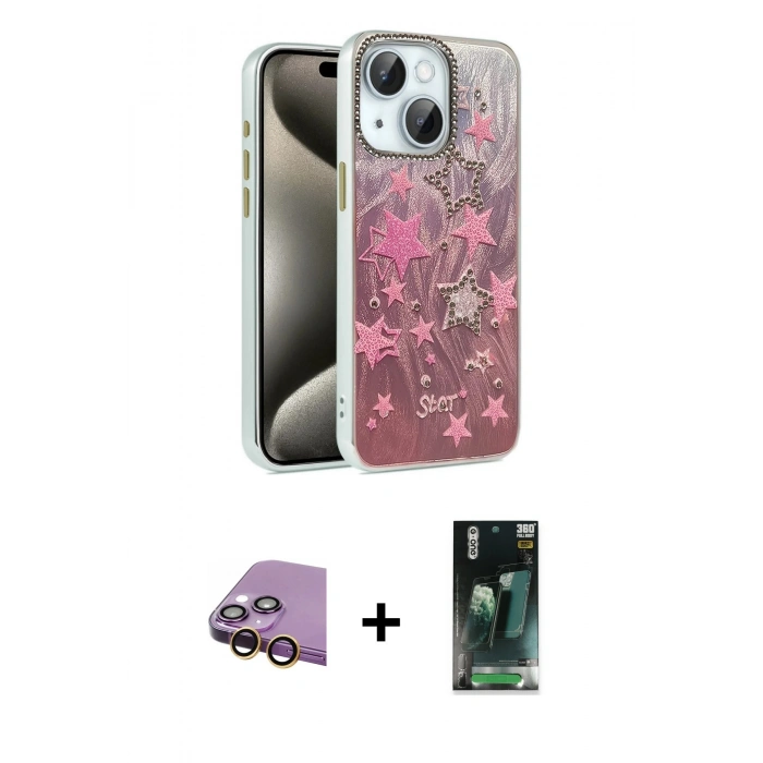 MARSİLYAN™- iPhone 15 Kılıf Zirve Modern Prime - Siyah 360 Mat Full Body Arka Koruyucu + Raze Metal Kamera Lens - SI