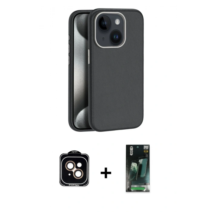 MARSİLYAN™- iPhone 15 Kılıf Zirve Modern Prime - Siyah 360 Mat Full Body Arka Koruyucu + PVD Metal Kamera Lens - TU