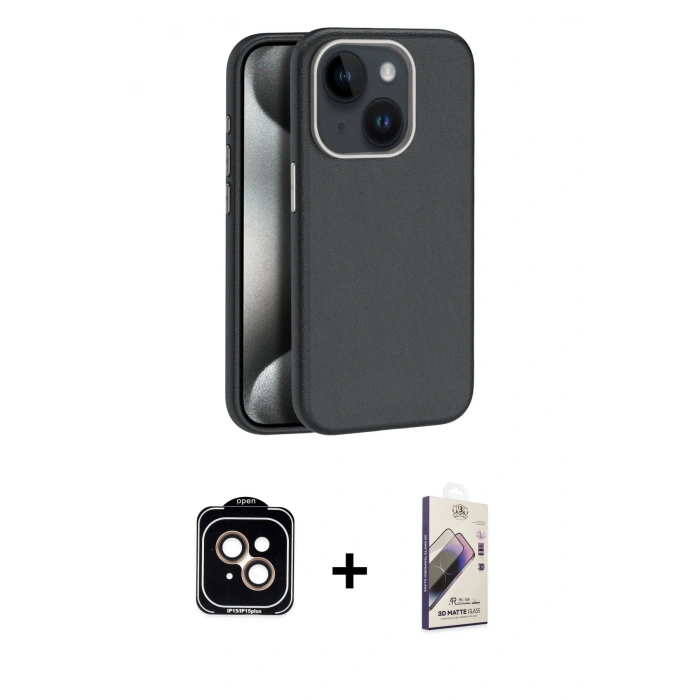 MARSİLYAN™- iPhone 15 Kılıf Zirve Modern Prime - Siyah Bilvis 3D Mat Cam Ekran Koruyucu + PVD Metal Kamera Lens - TU