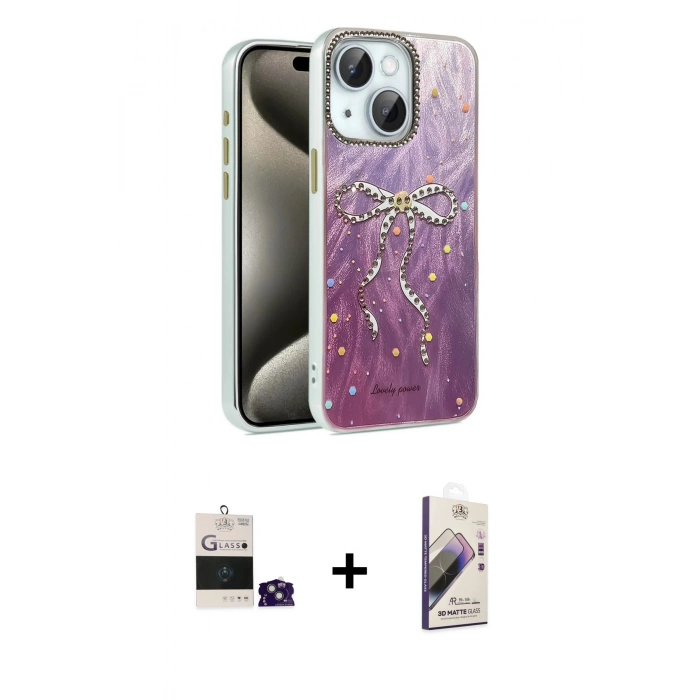 MARSİLYAN™- iPhone 15 Kılıf Zirve Modern Prime - Siyah Bilvis 3D Mat Cam Ekran Koruyucu + Bilvis Titan Kamera Lens - YL