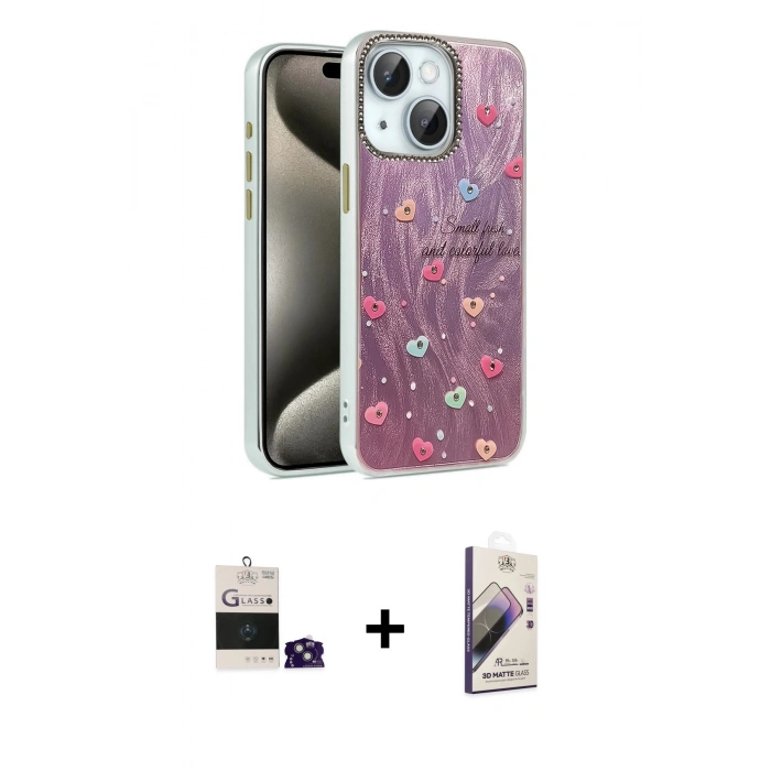 MARSİLYAN™- iPhone 15 Kılıf Zirve Modern Prime - Siyah Bilvis 3D Mat Cam Ekran Koruyucu + Bilvis Titan Kamera Lens - YL