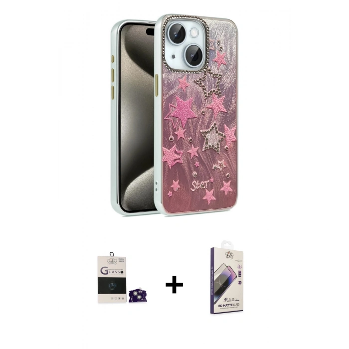 MARSİLYAN™- iPhone 15 Kılıf Zirve Modern Prime - Siyah Bilvis 3D Mat Cam Ekran Koruyucu + Bilvis Titan Kamera Lens - YL