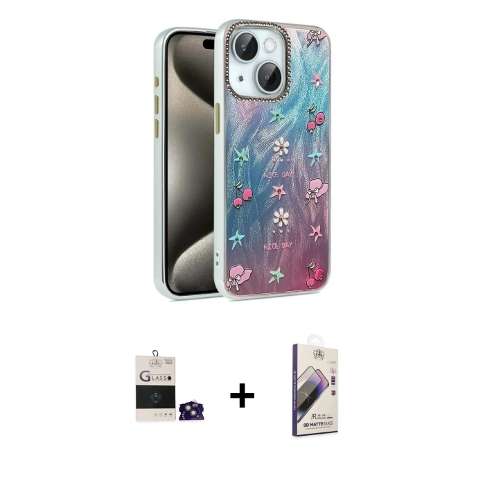 MARSİLYAN™- iPhone 15 Kılıf Zirve Modern Prime - Siyah Bilvis 3D Mat Cam Ekran Koruyucu + Bilvis Titan Kamera Lens - YL