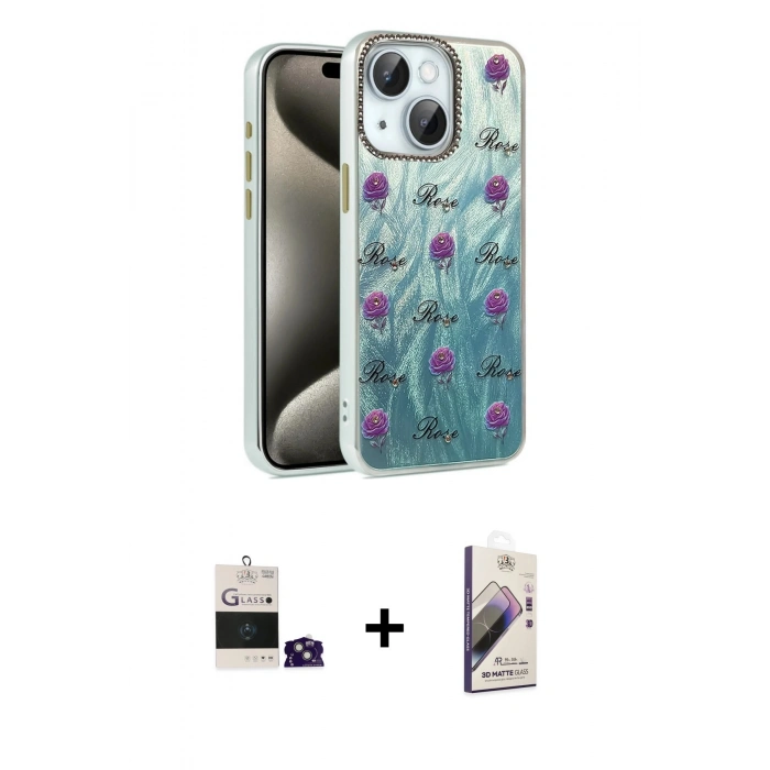 MARSİLYAN™- iPhone 15 Kılıf Zirve Modern Prime - Siyah Bilvis 3D Mat Cam Ekran Koruyucu + Bilvis Titan Kamera Lens - YL