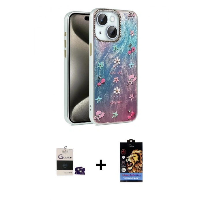 MARSİLYAN™- iPhone 15 Kılıf Zirve Modern Prime - Siyah Buffer Hayalet Cam Ekran Koruyucu + Bilvis Titan Kamera Lens - PE