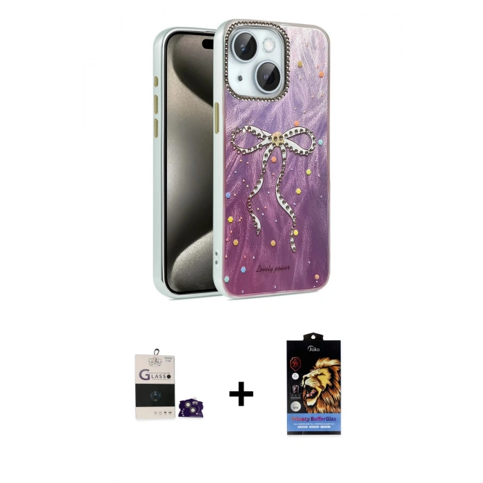 MARSİLYAN™- iPhone 15 Kılıf Zirve Modern Prime - Siyah Buffer Hayalet Cam Ekran Koruyucu + Bilvis Titan Kamera Lens - PE