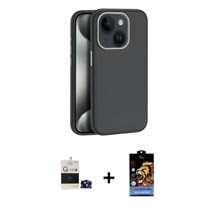 MARSİLYAN™- iPhone 15 Kılıf Zirve Modern Prime - Siyah Buffer Hayalet Cam Ekran Koruyucu + Bilvis Titan Kamera Lens - PE