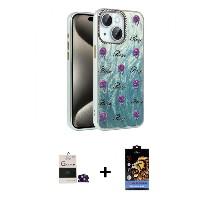 MARSİLYAN™- iPhone 15 Kılıf Zirve Modern Prime - Siyah Buffer Hayalet Cam Ekran Koruyucu + Bilvis Titan Kamera Lens - PE