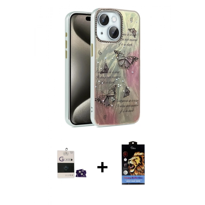 MARSİLYAN™- iPhone 15 Kılıf Zirve Modern Prime - Siyah Buffer Hayalet Cam Ekran Koruyucu + Bilvis Titan Kamera Lens - PE