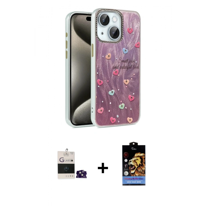MARSİLYAN™- iPhone 15 Kılıf Zirve Modern Prime - Siyah Buffer Hayalet Cam Ekran Koruyucu + Bilvis Titan Kamera Lens - PE
