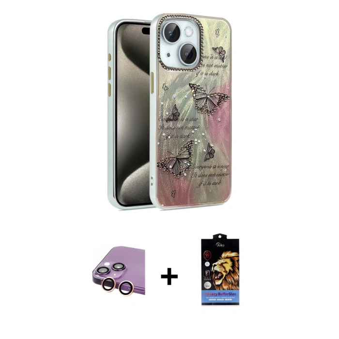 MARSİLYAN™- iPhone 15 Kılıf Zirve Modern Prime - Siyah Buffer Hayalet Cam Ekran Koruyucu + Raze Metal Kamera Lens - PE