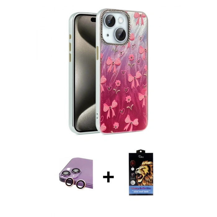MARSİLYAN™- iPhone 15 Kılıf Zirve Modern Prime - Siyah Buffer Hayalet Cam Ekran Koruyucu + Raze Metal Kamera Lens - PE