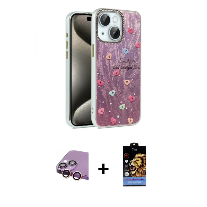 MARSİLYAN™- iPhone 15 Kılıf Zirve Modern Prime - Siyah Buffer Hayalet Cam Ekran Koruyucu + Raze Metal Kamera Lens - PE