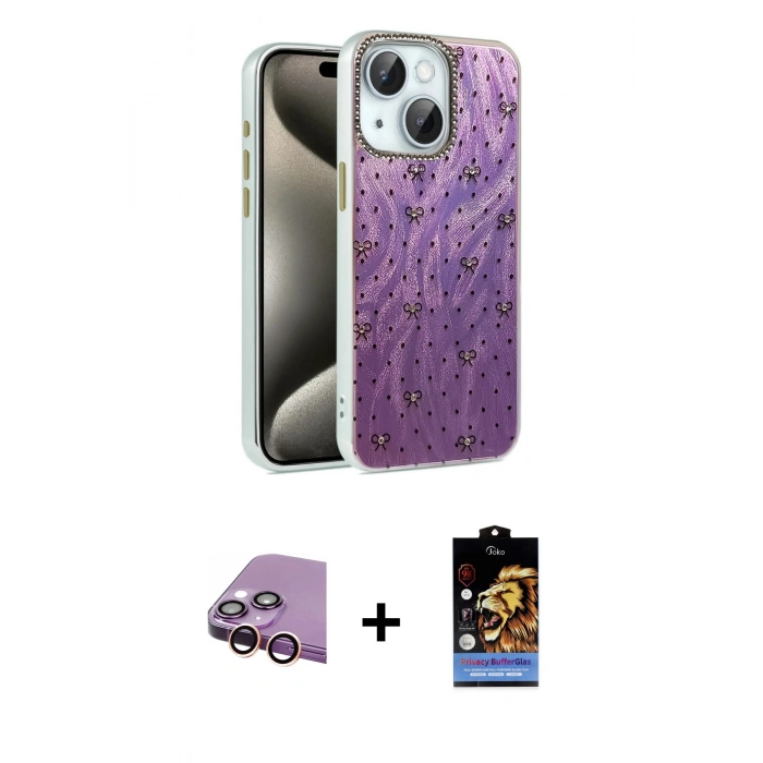 MARSİLYAN™- iPhone 15 Kılıf Zirve Modern Prime - Siyah Buffer Hayalet Cam Ekran Koruyucu + Raze Metal Kamera Lens - PE