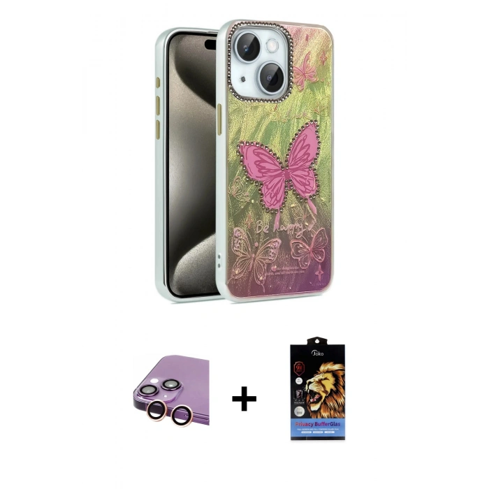 MARSİLYAN™- iPhone 15 Kılıf Zirve Modern Prime - Siyah Buffer Hayalet Cam Ekran Koruyucu + Raze Metal Kamera Lens - PE