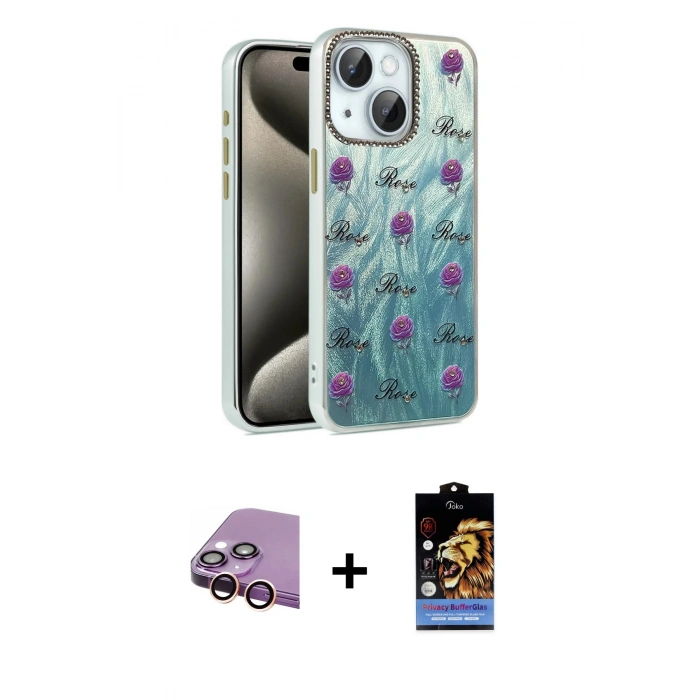 MARSİLYAN™- iPhone 15 Kılıf Zirve Modern Prime - Siyah Buffer Hayalet Cam Ekran Koruyucu + Raze Metal Kamera Lens - PE