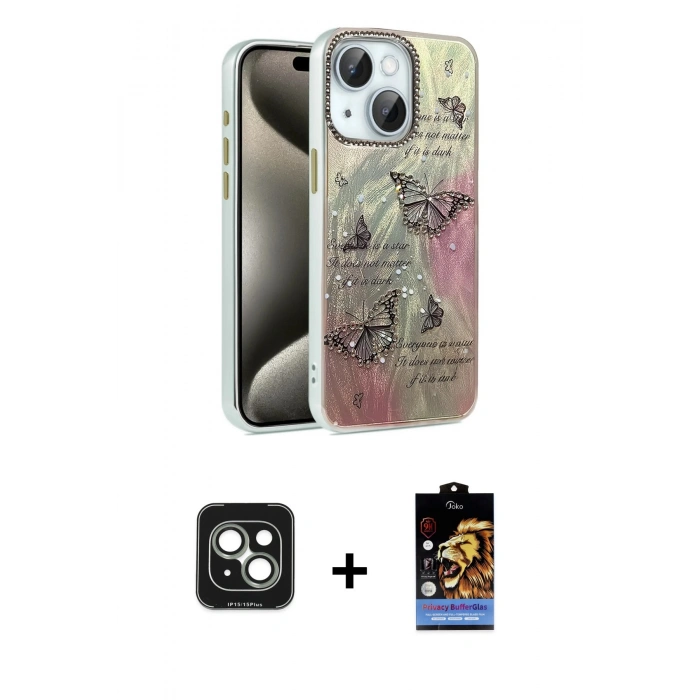 MARSİLYAN™- iPhone 15 Kılıf Zirve Modern Prime - Siyah Buffer Hayalet Cam Ekran Koruyucu + PVD Metal Kamera Lens - YL