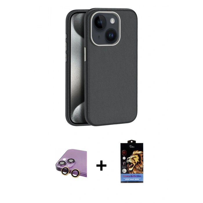 MARSİLYAN™- iPhone 15 Kılıf Zirve Modern Prime - Siyah Buffer Hayalet Cam Ekran Koruyucu + Raze Metal Kamera Lens - SI