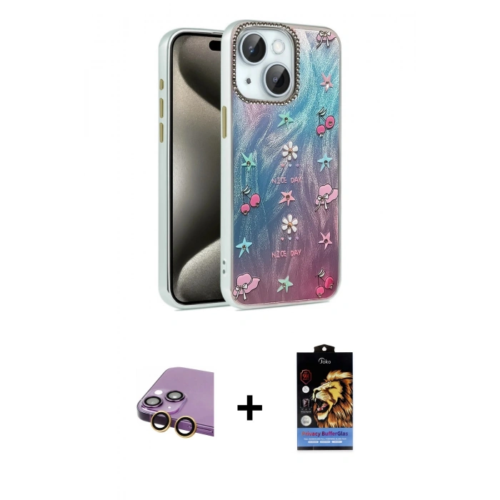 MARSİLYAN™- iPhone 15 Kılıf Zirve Modern Prime - Siyah Buffer Hayalet Cam Ekran Koruyucu + Raze Metal Kamera Lens - SI