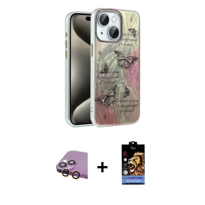 MARSİLYAN™- iPhone 15 Kılıf Zirve Modern Prime - Siyah Buffer Hayalet Cam Ekran Koruyucu + Raze Metal Kamera Lens - SI