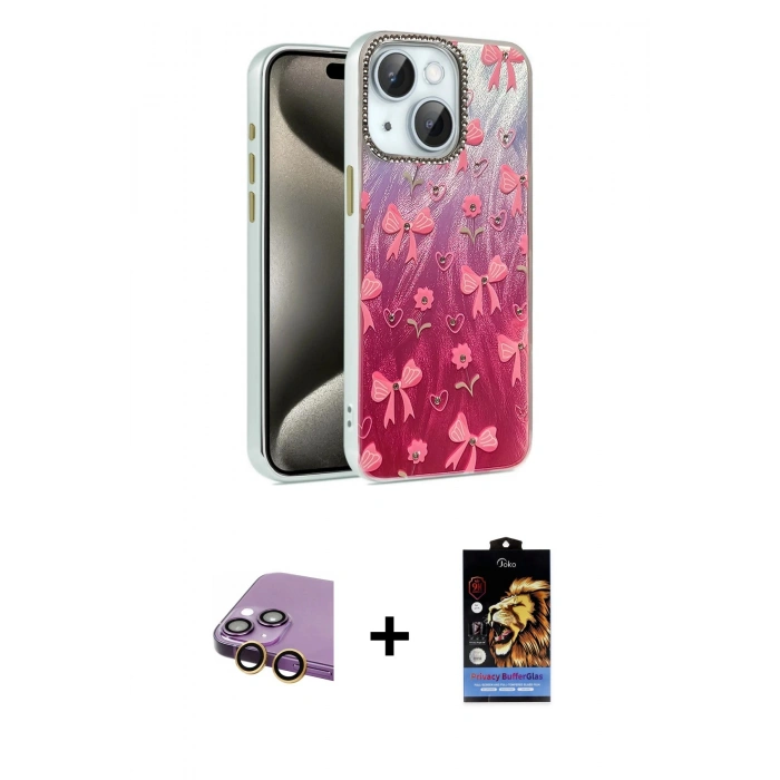 MARSİLYAN™- iPhone 15 Kılıf Zirve Modern Prime - Siyah Buffer Hayalet Cam Ekran Koruyucu + Raze Metal Kamera Lens - SI