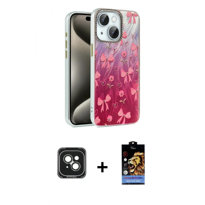MARSİLYAN™- iPhone 15 Kılıf Zirve Modern Prime - Siyah Buffer Hayalet Cam Ekran Koruyucu + PVD Metal Kamera Lens - YL