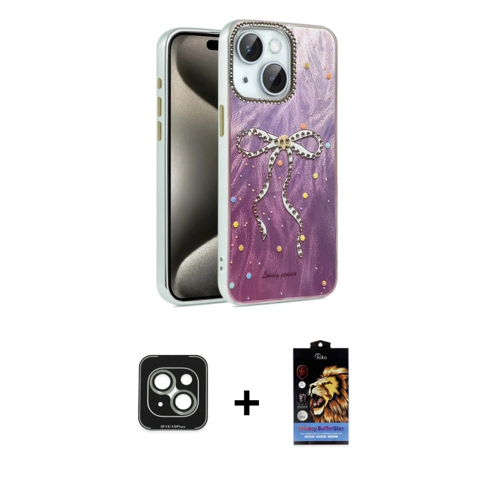 MARSİLYAN™- iPhone 15 Kılıf Zirve Modern Prime - Siyah Buffer Hayalet Cam Ekran Koruyucu + PVD Metal Kamera Lens - YL