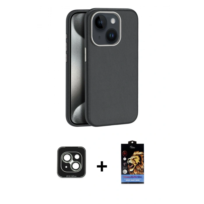 MARSİLYAN™- iPhone 15 Kılıf Zirve Modern Prime - Siyah Buffer Hayalet Cam Ekran Koruyucu + PVD Metal Kamera Lens - YL