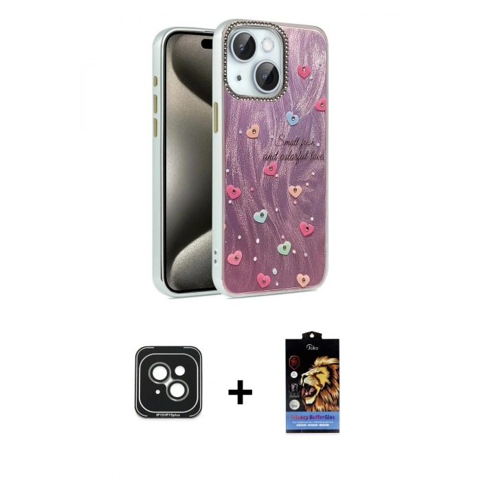MARSİLYAN™- iPhone 15 Kılıf Zirve Modern Prime - Siyah Buffer Hayalet Cam Ekran Koruyucu + PVD Metal Kamera Lens - YL