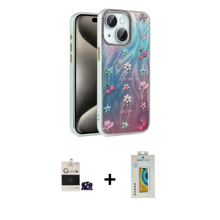 MARSİLYAN™- iPhone 15 Kılıf Zirve Modern Prime - Siyah Polymer Nano Ekran Koruyucu + Bilvis Titan Kamera Lens - PE
