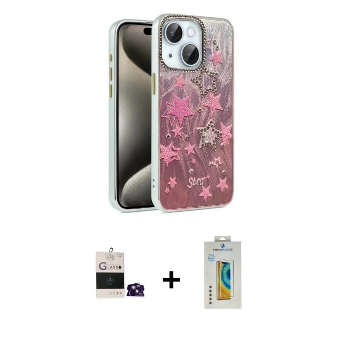 MARSİLYAN™- iPhone 15 Kılıf Zirve Modern Prime - Siyah Polymer Nano Ekran Koruyucu + Bilvis Titan Kamera Lens - PE
