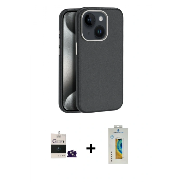 MARSİLYAN™- iPhone 15 Kılıf Zirve Modern Prime - Siyah Polymer Nano Ekran Koruyucu + Bilvis Titan Kamera Lens - PE