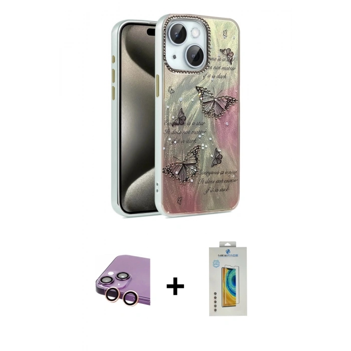 MARSİLYAN™- iPhone 15 Kılıf Zirve Modern Prime - Siyah Polymer Nano Ekran Koruyucu + Raze Metal Kamera Lens - PE