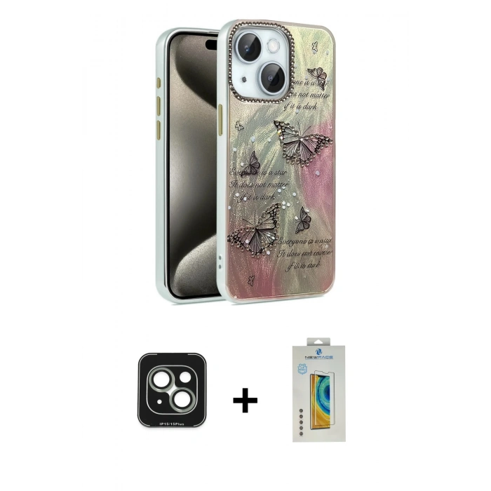 MARSİLYAN™- iPhone 15 Kılıf Zirve Modern Prime - Siyah Polymer Nano Ekran Koruyucu + PVD Metal Kamera Lens - YL
