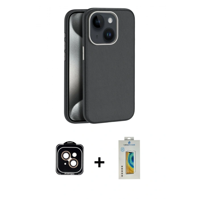 MARSİLYAN™- iPhone 15 Kılıf Zirve Modern Prime - Siyah Polymer Nano Ekran Koruyucu + PVD Metal Kamera Lens - TU