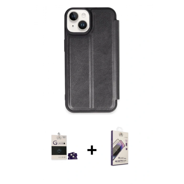 MARSİLYAN™- iPhone 15 Kılıf Zirve Yansıma Serisi - Siyah Bilvis 3D Mat Cam Ekran Koruyucu + Bilvis Titan Kamera Lens - YL