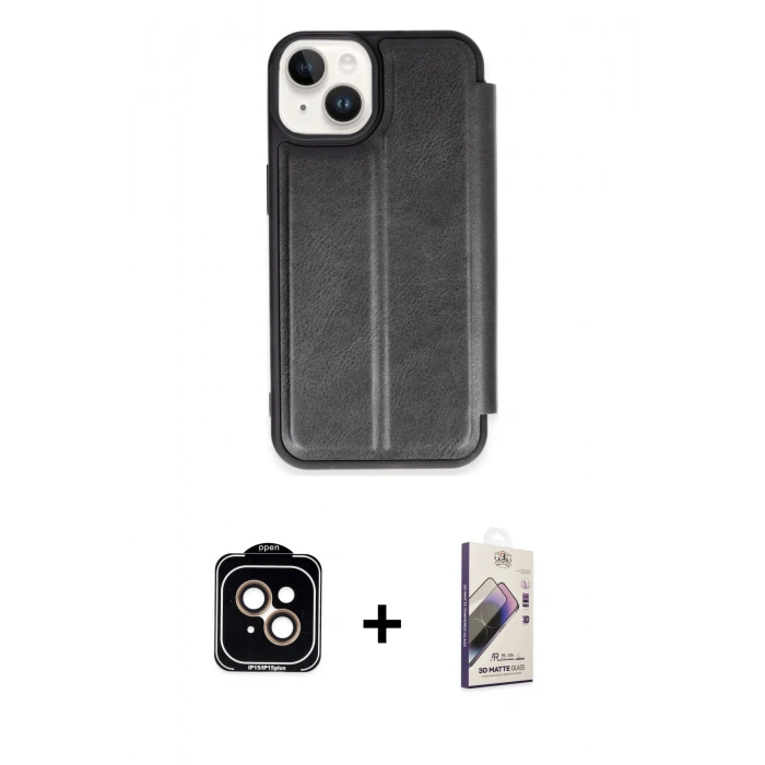MARSİLYAN™- iPhone 15 Kılıf Zirve Yansıma Serisi - Siyah Bilvis 3D Mat Cam Ekran Koruyucu + PVD Metal Kamera Lens - TU