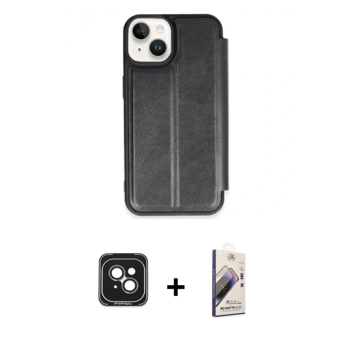 MARSİLYAN™- iPhone 15 Kılıf Zirve Yansıma Serisi - Siyah Bilvis 3D Mat Cam Ekran Koruyucu + PVD Metal Kamera Lens - YL