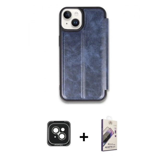 MARSİLYAN™- iPhone 15 Kılıf Zirve Yansıma Serisi - Siyah Bilvis 3D Mat Cam Ekran Koruyucu + PVD Metal Kamera Lens - YL