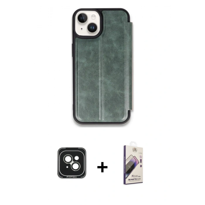 MARSİLYAN™- iPhone 15 Kılıf Zirve Yansıma Serisi - Siyah Bilvis 3D Mat Cam Ekran Koruyucu + PVD Metal Kamera Lens - YL