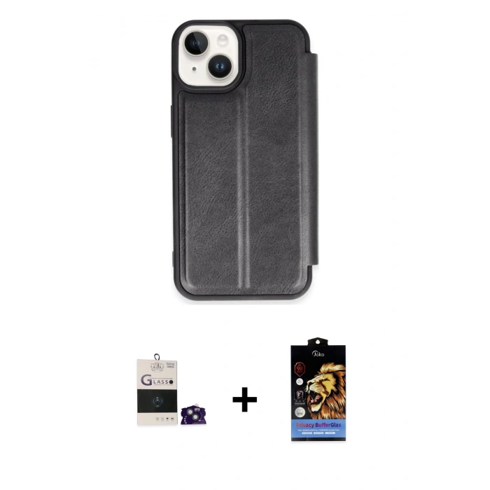 MARSİLYAN™- iPhone 15 Kılıf Zirve Yansıma Serisi - Siyah Buffer Hayalet Cam Ekran Koruyucu + Bilvis Titan Kamera Lens - YL
