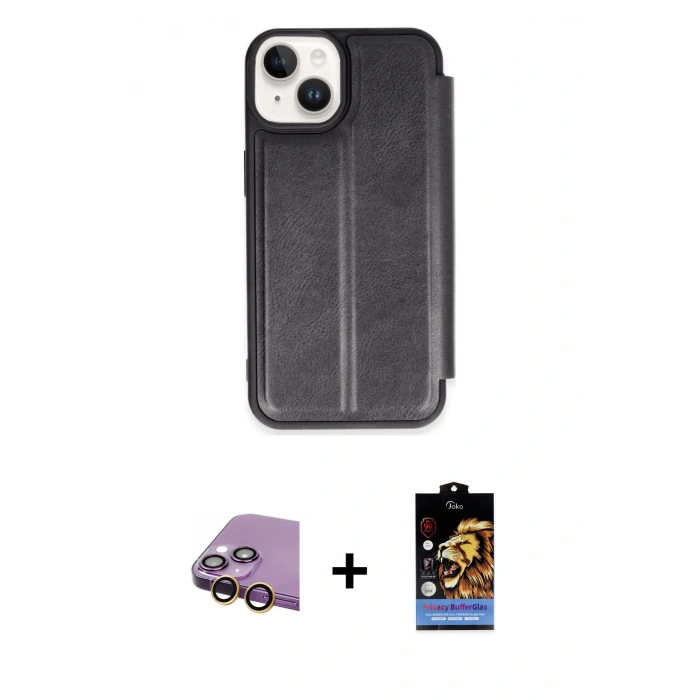 MARSİLYAN™- iPhone 15 Kılıf Zirve Yansıma Serisi - Siyah Buffer Hayalet Cam Ekran Koruyucu + Raze Metal Kamera Lens - SI