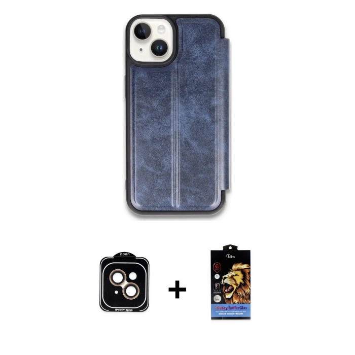 MARSİLYAN™- iPhone 15 Kılıf Zirve Yansıma Serisi - Siyah Buffer Hayalet Cam Ekran Koruyucu + Turuncu PVD Metal Kamera Lens