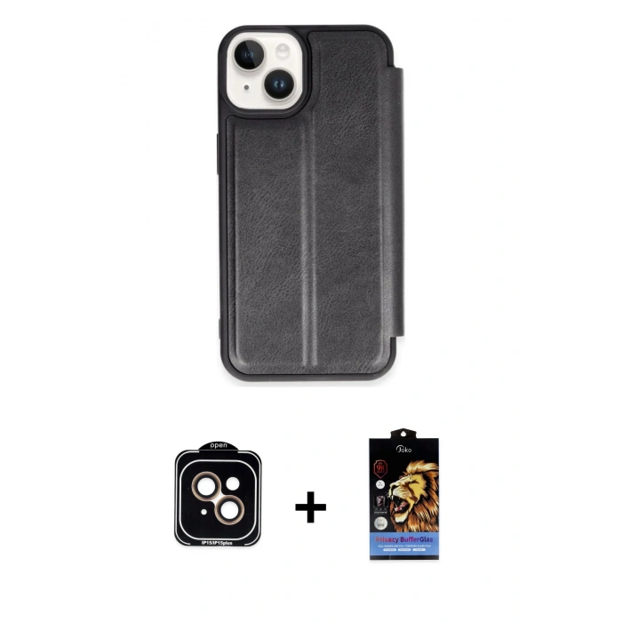 MARSİLYAN™- iPhone 15 Kılıf Zirve Yansıma Serisi - Siyah Buffer Hayalet Cam Ekran Koruyucu + Turuncu PVD Metal Kamera Lens